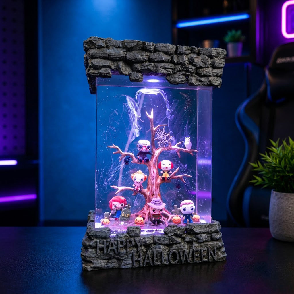 Halloween horror character tree epoxy resin lamp with LED wooden base glowing on a gaming desk