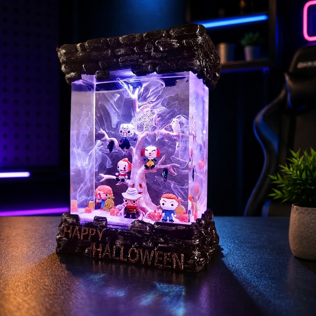 Handmade Halloween epoxy resin lamp featuring spooky horror-inspired characters gathered around a haunted tree