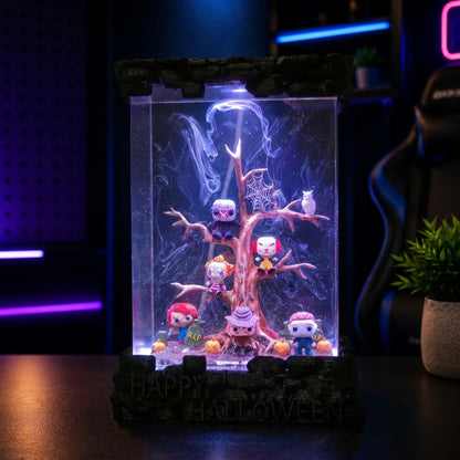 Purple glowing Halloween horror resin lamp with haunted tree and collectible horror-inspired figures