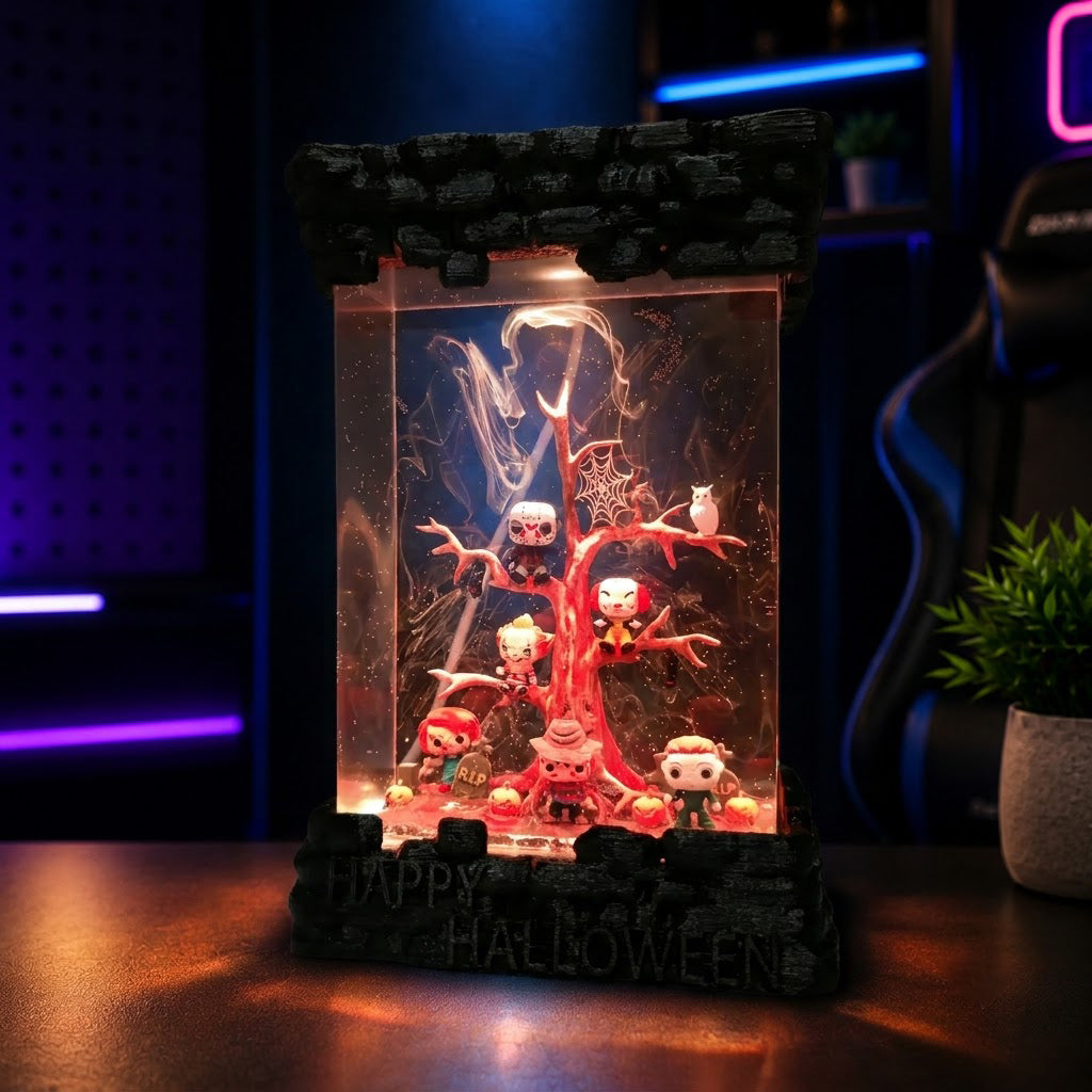 Warm LED Halloween epoxy resin lamp showcasing handcrafted spooky miniature display