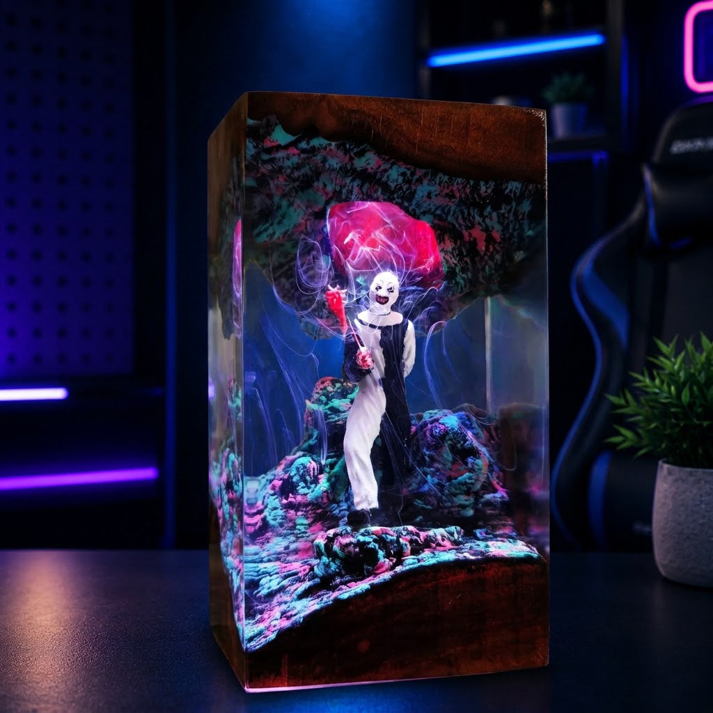 Handmade horror clown epoxy resin lamp with detailed miniature scene and LED wooden base