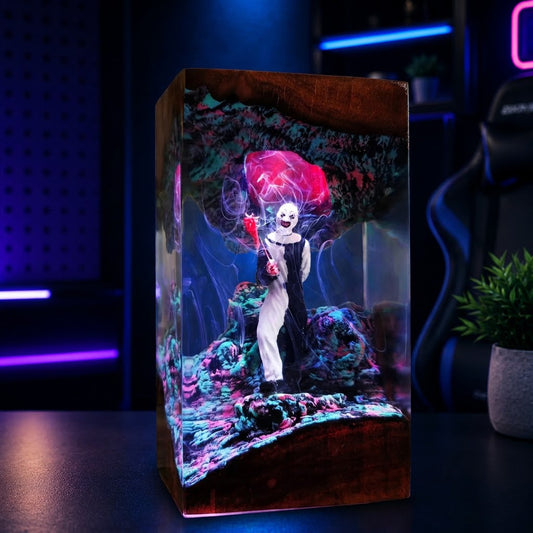 Handmade horror clown epoxy resin lamp with detailed miniature scene and LED wooden base