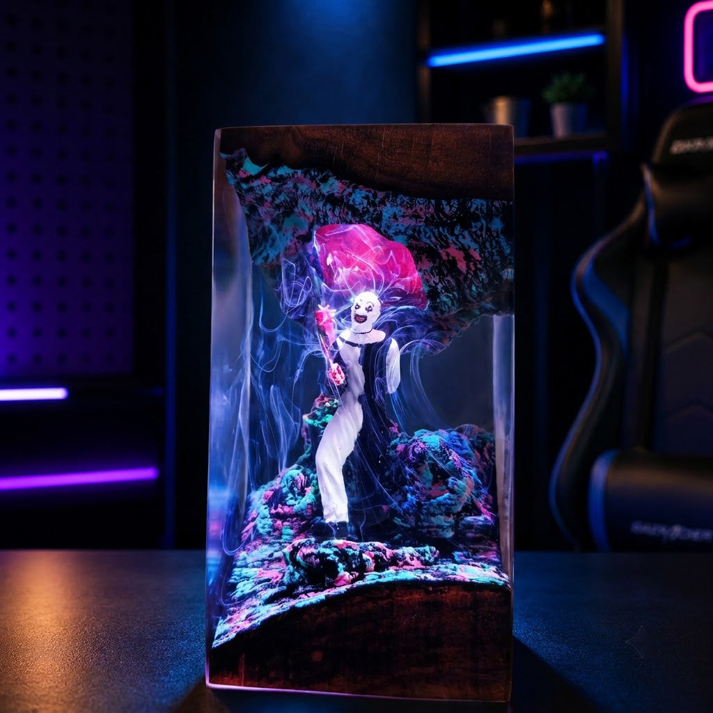 Horror clown resin lamp displayed in a gaming room with atmospheric lighting