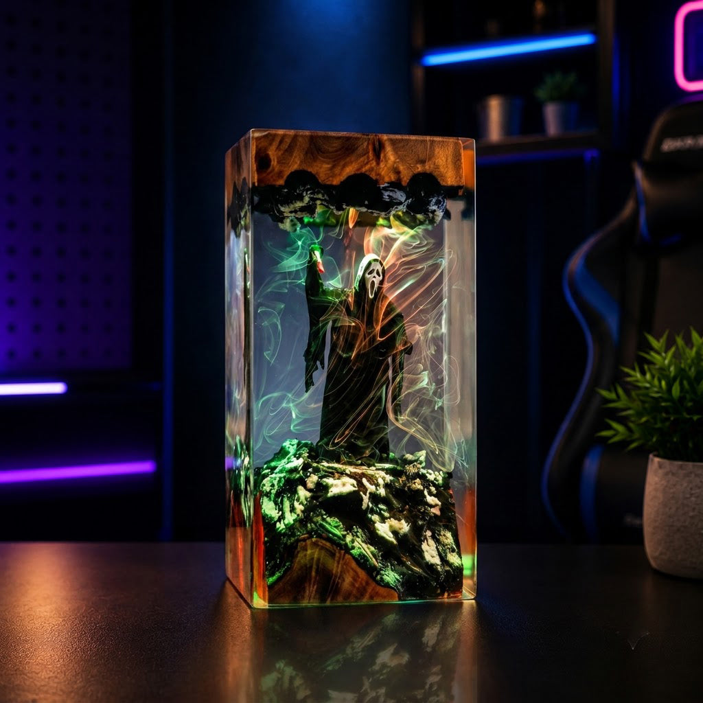 Blue LED masked slasher epoxy resin lamp with atmospheric horror lighting