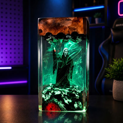 Green ambient lighting on a handcrafted horror epoxy resin lamp