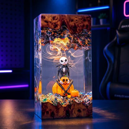 Handmade skeleton pumpkin king epoxy resin lamp with LED wooden base and Halloween miniature scene